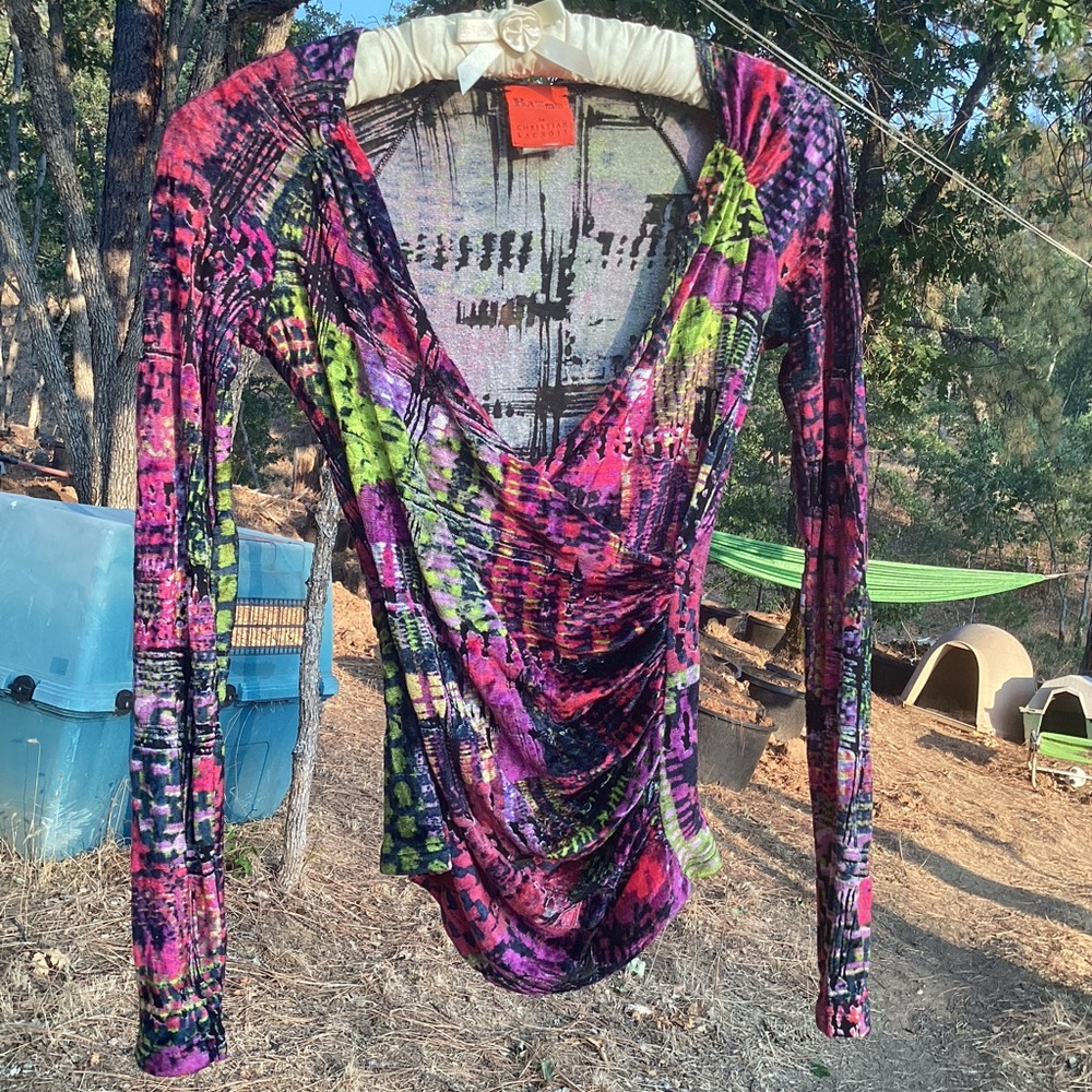 Vintage Christian Lacroix Velvet Long Sleeve Size S Colorful Hippie Athleisure